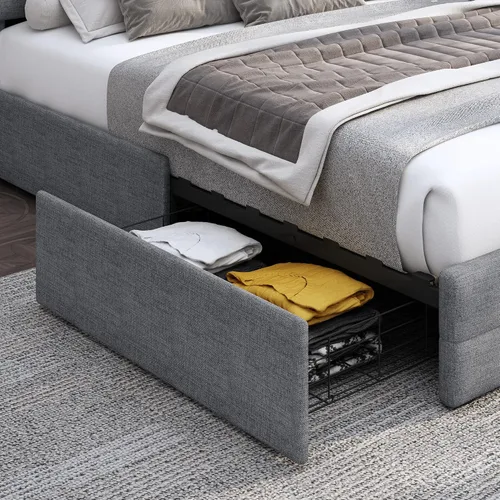 Vista 5 de Base de cama tapizada con 4 cajones de almacenamiento, diseño de cabecera copetuda con botones, fácil montaje, soporte de listones de madera,