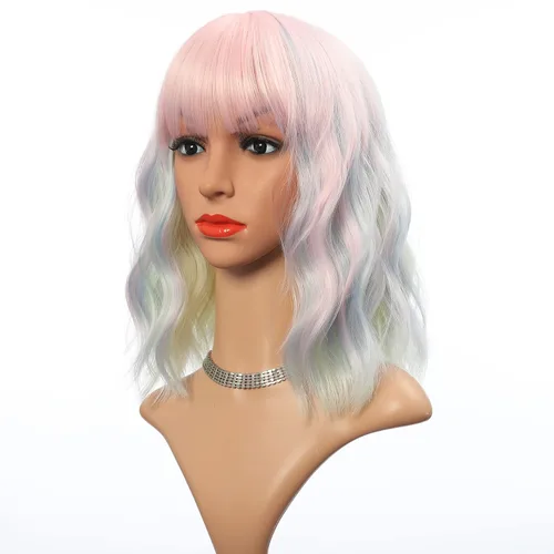 Vista 23 de VCKOVCKO - Peluca de cabello castaño claro rizada con flequillo de aire, onda natural rizada, peluca corta estilo Bob para mujer, longitud hasta