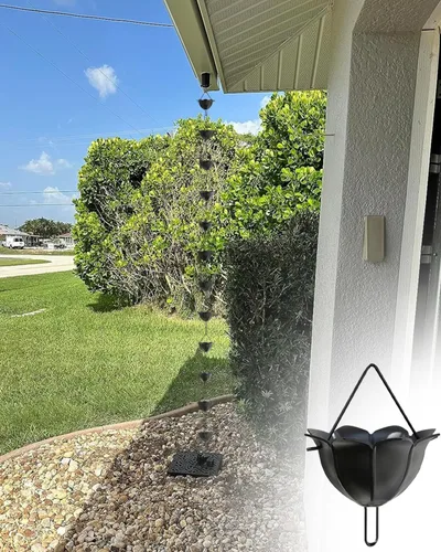 Vista 9 de Black Rain Catcher Chain with Hook, Aluminum Rain Chain Gutter Downspout Replacement, Outdoor Decor Rain Cups Water Feature Downpipe,Style Style B