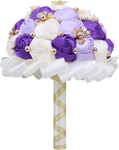 Vista 10 de Ramo de boda de 7 pulgadas, ramo de flores de satén para dama de honor, botón dorado, ramo de flores artificiales para bodas en interiores Negro