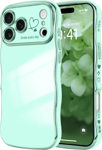 Vista 84 de LCHULLE - Funda para iPhone Air, linda para mujeres y niñas, con forma de onda, color azul bebé Luxury Plating Curly Wavy Frame with Love Heart