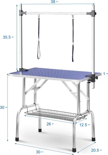 Vista 7 de Mesa profesional ajustable de aseo para mascotas de 36 pulgadas, resistente, con brazo y nariz y bandeja de malla para perros grandes, estación