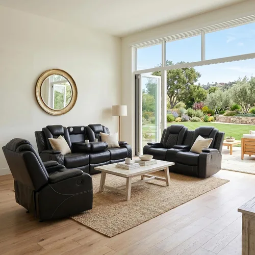 Vista 8 de Juego de sofá reclinable eléctrico, sofás reclinables de cuero negro, 3 piezas de sofá reclinable de cuero de aire y silla de dos plazas con luces