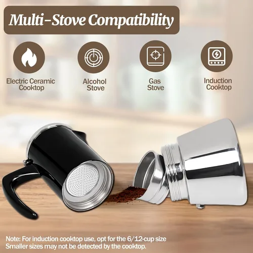 Vista 4 de 4 tazas espesado Moka Pot 304 Acero Inoxidable 6.8 fl oz Cafetera italiana de café expreso, cafetera, cafetera de moca para estufa de inducción