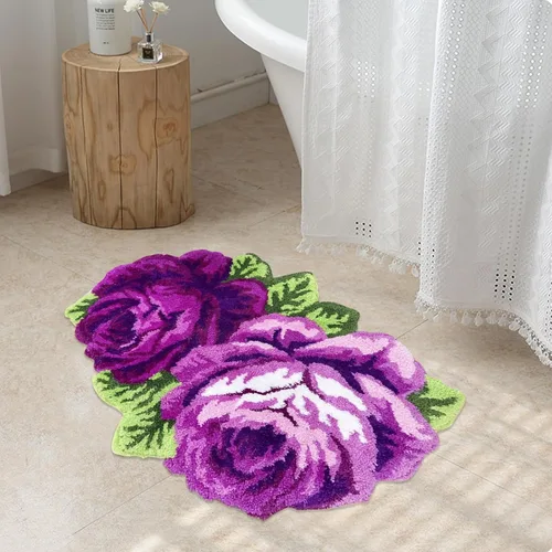 Vista 24 de Alfombrilla Abreeze con 4 rosas, alfombrillas con diseño de flores azul, hecha a mano, antideslizante (no se desliza), alfombrilla moderna, de puede