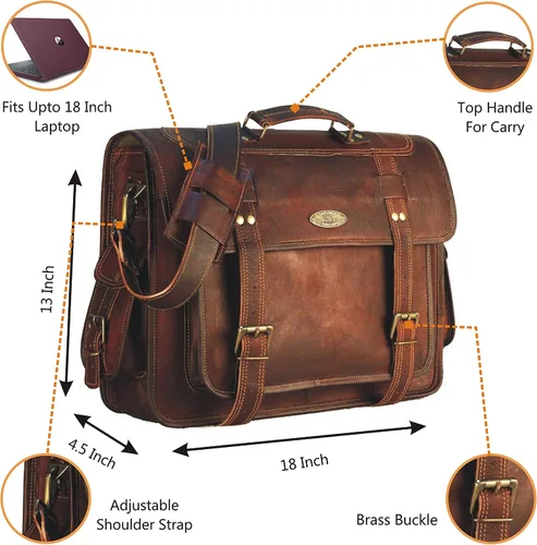 Vista 3 de Bolsas de cuero para computadora portátil para hombre, bolso de mensajero de cuero de grano completo, maletín de cuero, bolso de hombro cruzado