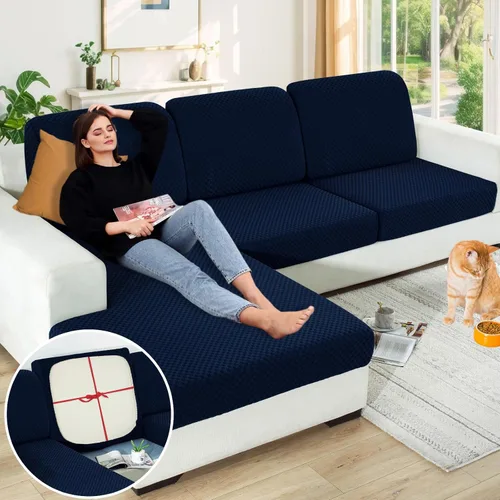 Vista 10 de YEMYHOM Funda de cojín para sofá, funda de cojín de asiento de alta elasticidad, tela jacquard geométrica de felpa, protector de sofá antideslizante