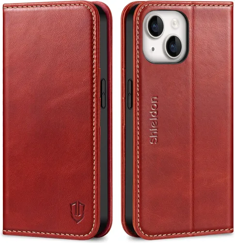 Vista 12 de SHIELDON Funda para iPhone 14 de 6.1", Funda tipo cartera de cuero genuino [Cierre magnético] [Ranuras para tarjetas con bloqueo RFID] [Soporte]
