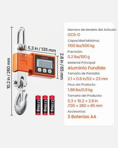Vista 7 de VEVOR - Báscula de grúa digital, capacidad máxima de 1100 lbs/500 kg, báscula colgante industrial resistente con carcasa de aluminio fundido