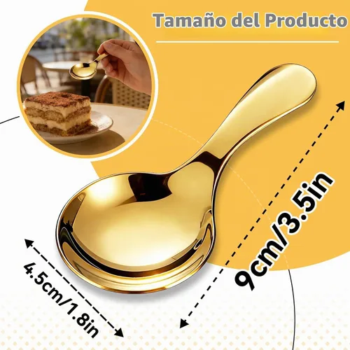 Vista 3 de 5 mini cucharas de helado para recipientes, mini cucharas doradas para servir dulces, acero inoxidable, mango corto, condimentos de sal, cucharas