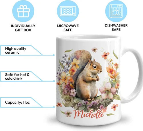 Vista 3 de Hyturtle Taza de ardilla personalizada, taza de café de cerámica blanca con nombre personalizado de 11 onzas, regalo de cumpleaños para los amantes