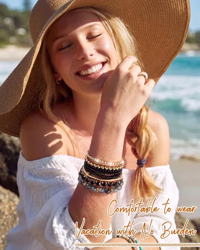 Vista 2 de MILACOLATO 4 juegos de pulseras boho para mujer, multicolor, apilables, con cuentas naturales, pulseras elásticas ajustables bohemias Pulseras A - 4