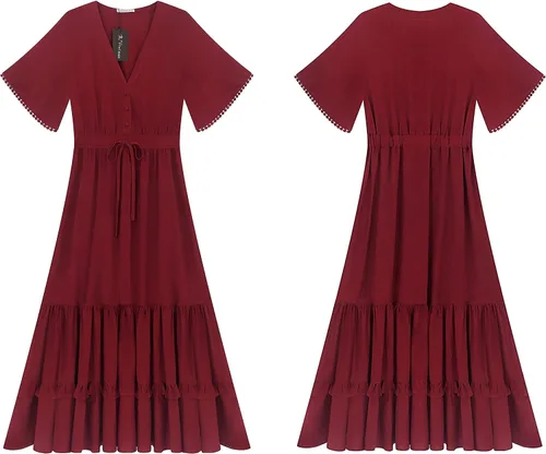 Vista 7 de R.Vivimos - Vestido por debajo de la rodilla bohemio para mujer, de manga corta, algodón, cuello en V, diseño floral y estilo informal