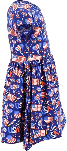 Vista 5 de Unique Baby Vestido sin mangas con estampado de bandera patriótico para niñas, Azul, blanco, rojo.