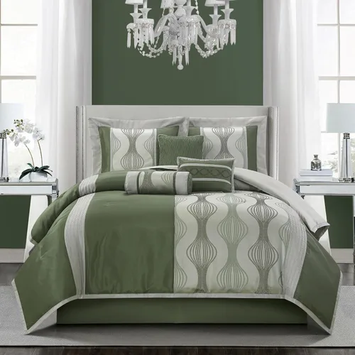 Vista 17 de Grand Avenue - Juego elegante de edredón negro y dorado, a rayas, 7 piezas de juego de cama de jacquard con edredón para todas las estaciones