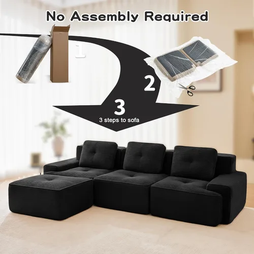 Vista 4 de Modern L-Shaped Modular Sectional Sofa for Living Room, 3-Seater Couch with Deep Seat and Movable Ottoman, Corduroy Fabric, Tufted Design, No
