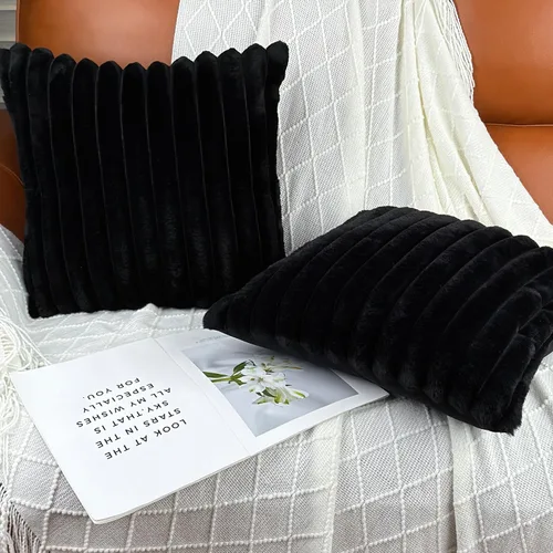 Vista 3 de Juego de 2 fundas de almohada decorativas de 16 x 16 pulgadas, fundas decorativas de piel sintética para cama, sofá, funda de almohada suave y Negro