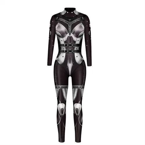 Vista 3 de Foksikely Women's 3D Mechanical Robot Skeleton Print Halloween Jumpsuit Romper Cosplay Costume