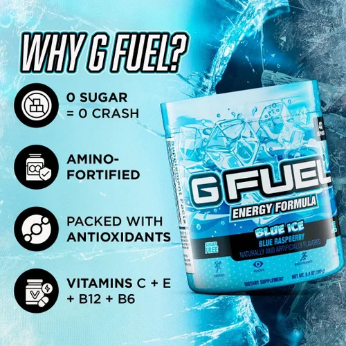 Vista 5 de G Fuel Blue Ice - Bebida energética en polvo, mezcla de cafeína preentrenamiento para juegos, amino de enfoque sin azúcar, vitamina + antioxidantes