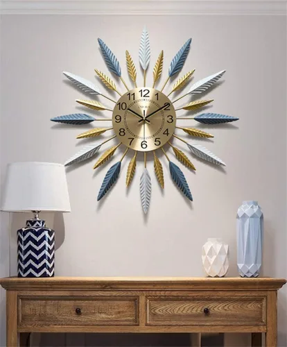 Vista 3 de Clock Large,Retro Geometric Feather Design Mute Golden Clock,Modern Polychromatic Vintage Metal for Home Kitchen,Blue White,58.5cm Art Home Dec