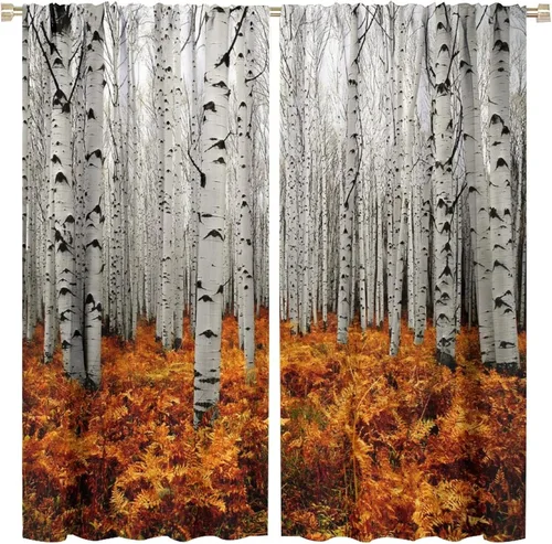 Vista 41 de Cortinas de abedul para sala de estar, niebla matutina en otoño, decoración del hogar, 42 x 45 pulgadas de largo