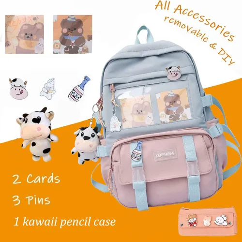 Vista 6 de Mochila Kawaii con bonitos alfileres y colgante de felpa para adolescentes niñas escuela gran capacidad impermeable mochila escolar Rosa-1