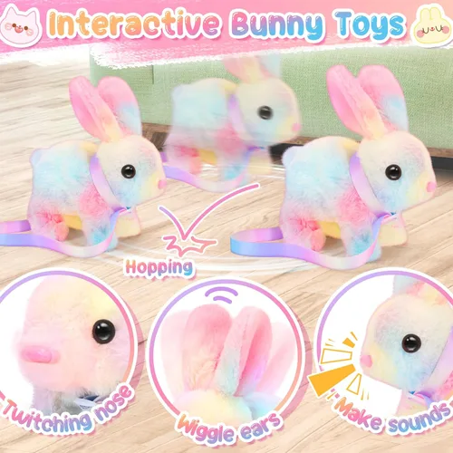 Vista 4 de NINAOR Juguetes interactivos de peluche para niños con bolsas de mano, conejo robot de peluche con correa que salta y orejas que se mueven, juguetes