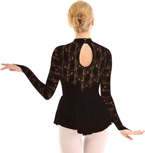 Vista 5 de JEATHA Leotardo de ballet de encaje floral para mujer, mangas para dedos, vestido de patinaje sobre hielo