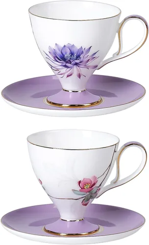 Vista 13 de KAMMAK Juego de 2 tazas de café de cerámica, tazas de café de porcelana con platillos, 6.52 onzas hechas a mano, elegante taza de té de porcelana