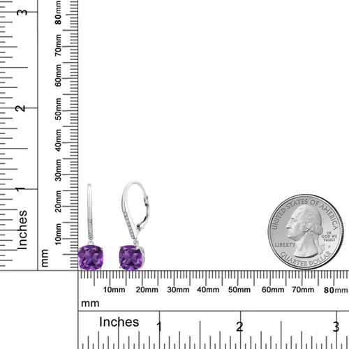Vista 2 de Gem Stone King 925 Sterling Silver 8MM Cushion Gemstone Birthstone and White Diamond Drop Dangle Earrings for Women