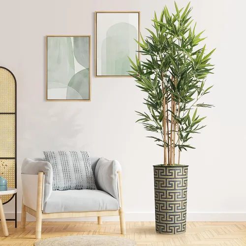 Vista 12 de Árbol artificial en macetero con patrón geométrico moderno, palmera tropical areca artificial de seda para decoración del hogar en interiores