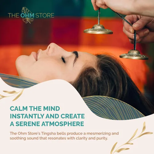 Vista 4 de Ohm Store Campanas tibetanas de mantra tingsha con estuche azul, accesorio de meditación hecho a mano para atención plena, yoga y sanación de sonido