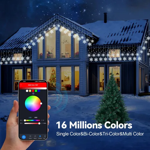 Vista 3 de Luces inteligentes de carámbano de copo de nieve de Navidad, 16.4 pies, 192 LED, 16 gotas, control remoto con aplicación enchufable en 16 millones