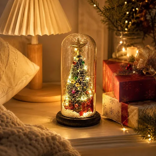 Vista 6 de LUOZZY Árbol de Navidad en cúpula de cristal pequeño árbol de Navidad iluminación escritorio adorno brillante mini árbol de Navidad