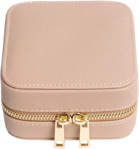 Vista 2 de Precioso joyero de viaje de cuero con espejo estuche de joyería impermeable para mujeres organizador de joyas almacenamiento para aretes anillos