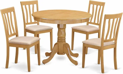 Vista 9 de East West Furniture ANTI3-OAK-C - Juego de mesa y sillas de cocina de 3 piezas que contiene una mesa de comedor redonda con pedestal y 2 sillas