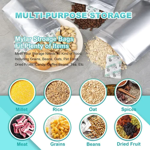 Vista 6 de 50 bolsas de Mylar para almacenamiento de alimentos con absorbentes de oxígeno, bolsas de Mylar extra gruesas de 15 mil, juego de 4 tamaños