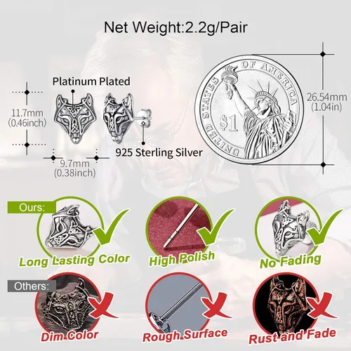 Vista 3 de FaithHeart Norse Vikingo Jewelry - Aretes de tuerca de plata de ley de acero inoxidable, lobo celtamartillo de Thors para mujeres y hombres, Acero