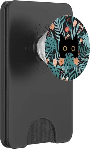 Vista 7 de Gato negro en flores botánicas patrón floral verde lindo gato PopSockets estándar PopGrip