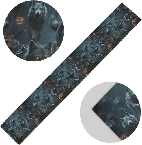 Vista 2 de Halloween Pumpkin and Wolf Decorative Table Runner Boho, 13x70inches, Table Decorations Reusable Dining Room Table decoracion para mesa de Centro