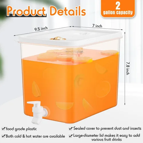 Vista 2 de Domensi Paquete de 4 dispensadores de bebidas para nevera de 2 galones con tapa a prueba de fugas, filtro de pantalla, contenedor de jugo sellado