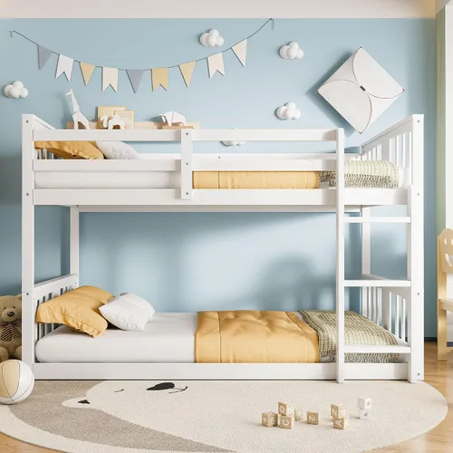 Vista 3 de Harper & Bright Designs Literas para niños, litera de madera maciza individual sobre individual, marco de cama con barandilla de protección y Gris