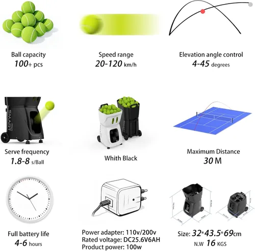 Vista 4 de PT-SMARTPro - Máquina de pelotas de tenis, servidor profesional de bolas automático con aplicación para control de Apple Watch, 20 puntos