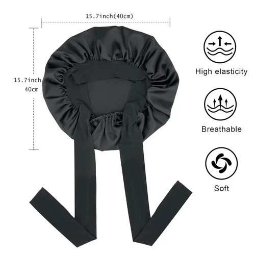 Vista 3 de Gorro de satén de seda para dormir con banda de amarre y tiras ajustables, para mujeres con cabello rizado y trenzado, color negro, tamaño grande
