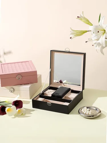 Vista 3 de AOSIFIEL Joyero con cerradura para organizador de joyas de viaje con espejo para mujeres, adolescentes y niños, estuche de joyería de escritorio