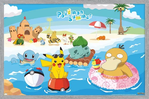 Vista 16 de Trends International Pokémon - Póster de pared de verano, 22.4 pulgadas de largo x 14.7 pulgadas, versión enmarcada en madera de granero