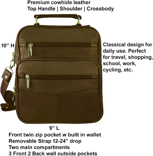 Vista 3 de Large Men's Women's Cowhide Leather Messenger Shoulder Unisex Cross-Body Organizer w Built-in Wallet CC Change ID