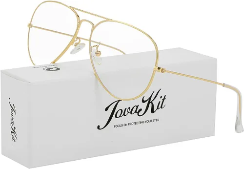 Vista 2 de JOVAKIT Lentes de aviador transparentes para mujeres y hombres, lentes sin receta, lentes de bloqueo de luz azul, marco de metal