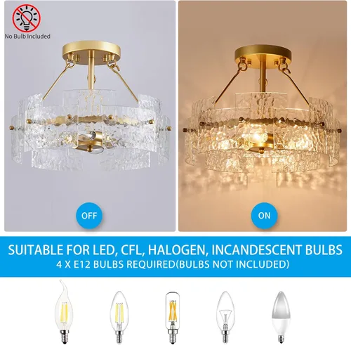 Vista 4 de XINGQI - Lámpara moderna de techo dorado de 16 pulgadas, 4 luces de techo de vidrio ondulado de agua para dormitorio, comedor, sala de estar 15.7