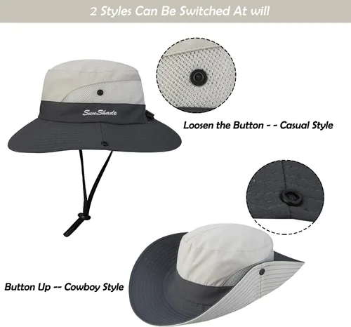 Vista 3 de Sombrero de pesca de playa de ala ancha para mujer, con protección UV, plegable, con agujero para cola de caballo
